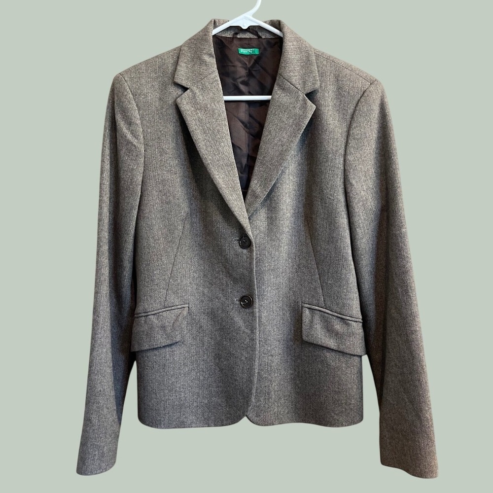 United Colors of Benetton Blazer Womens 46 Gray Herringbone Wool Blend Jacket